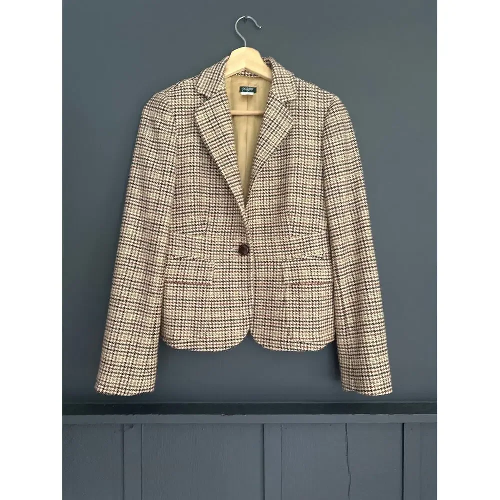J. Crew Wool Blend Houndstooth Blazer Brown Tan Dark Academia Size 0